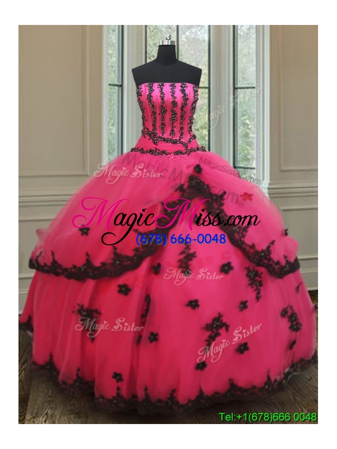 wholesale exquisite strapless black and hot pink quinceanera dress with appliques