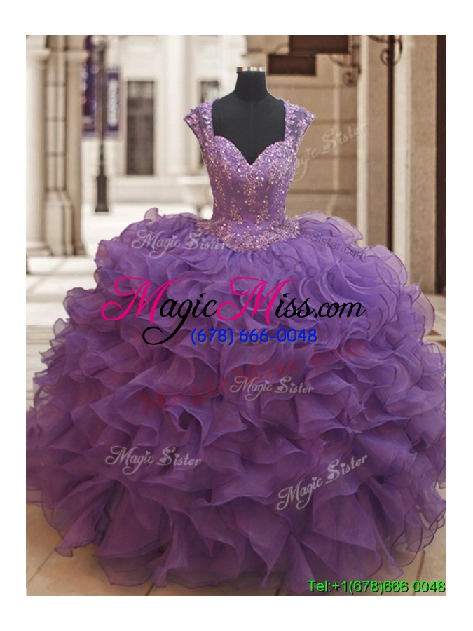 wholesale latest see through back beaded ruffled quinceanera dress with cap sleeves