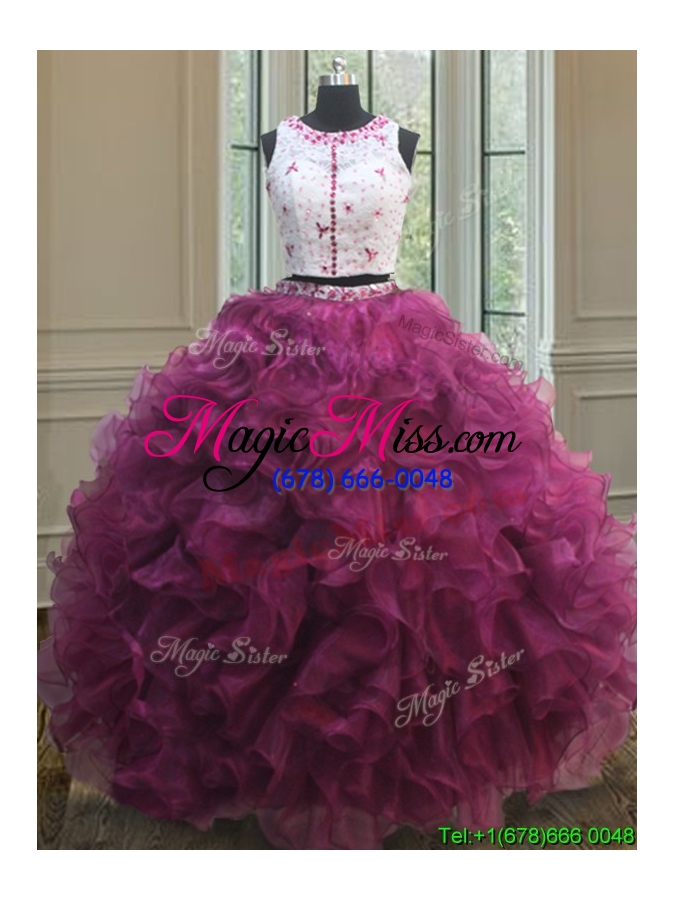 wholesale discount two piece laced beaded burgundy quinceanera dress with ruffles