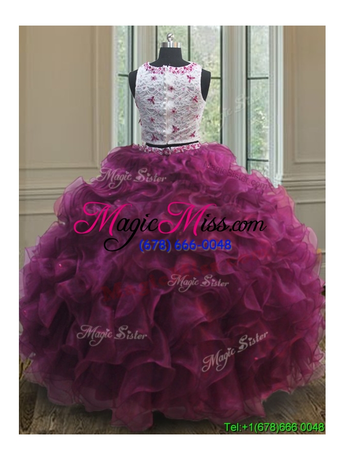 wholesale discount two piece laced beaded burgundy quinceanera dress with ruffles