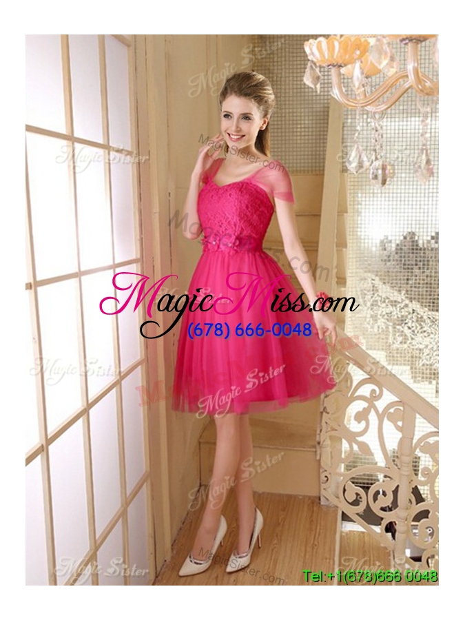 wholesale exclusive straps laced short dama dress with handmade flowers and belt