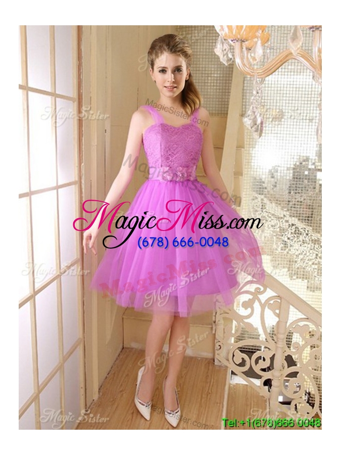 wholesale exclusive straps laced short dama dress with handmade flowers and belt