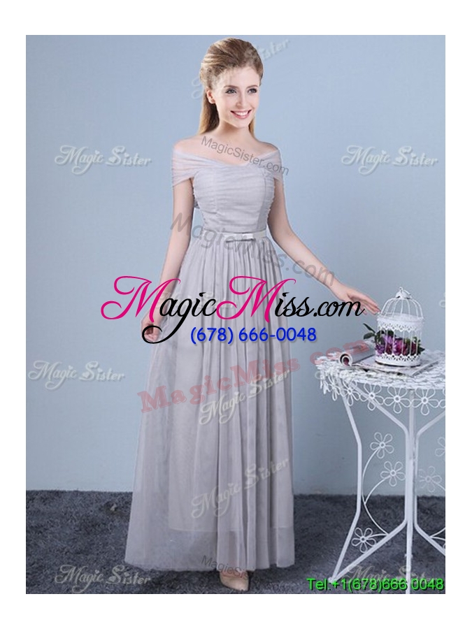 wholesale beautiful belted empire long dama dress in tulle and chiffon