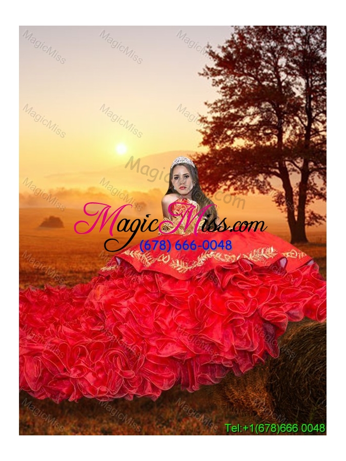 wholesale western theme popular sweetheart organza and taffeta red quinceanera dress with brush train