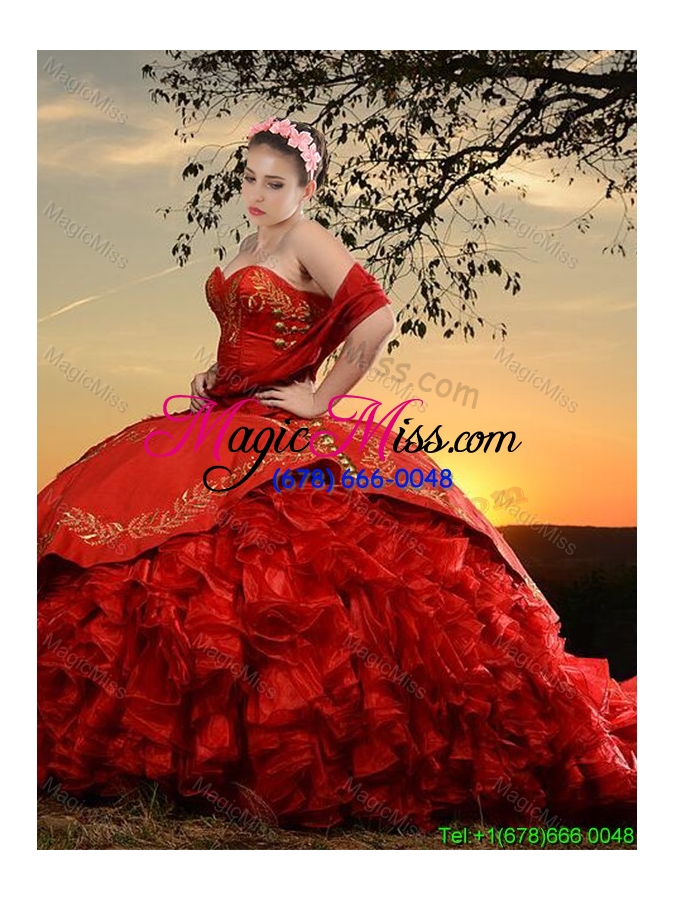 wholesale western theme popular sweetheart organza and taffeta red quinceanera dress with brush train