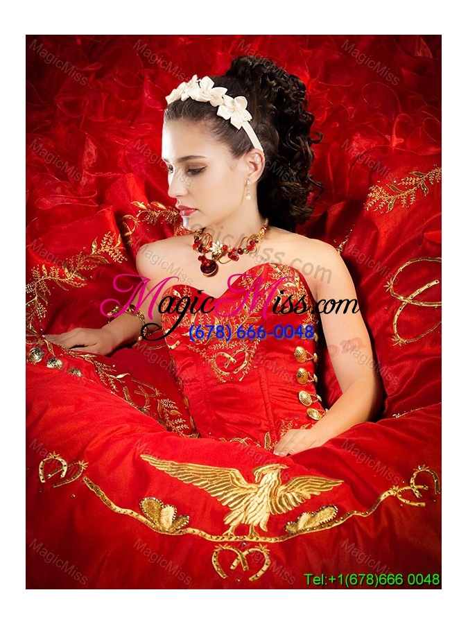 wholesale western theme popular sweetheart organza and taffeta red quinceanera dress with brush train