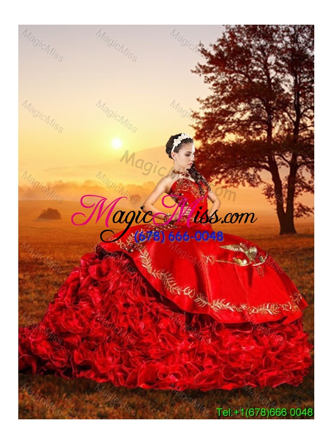 wholesale western theme popular sweetheart organza and taffeta red quinceanera dress with brush train