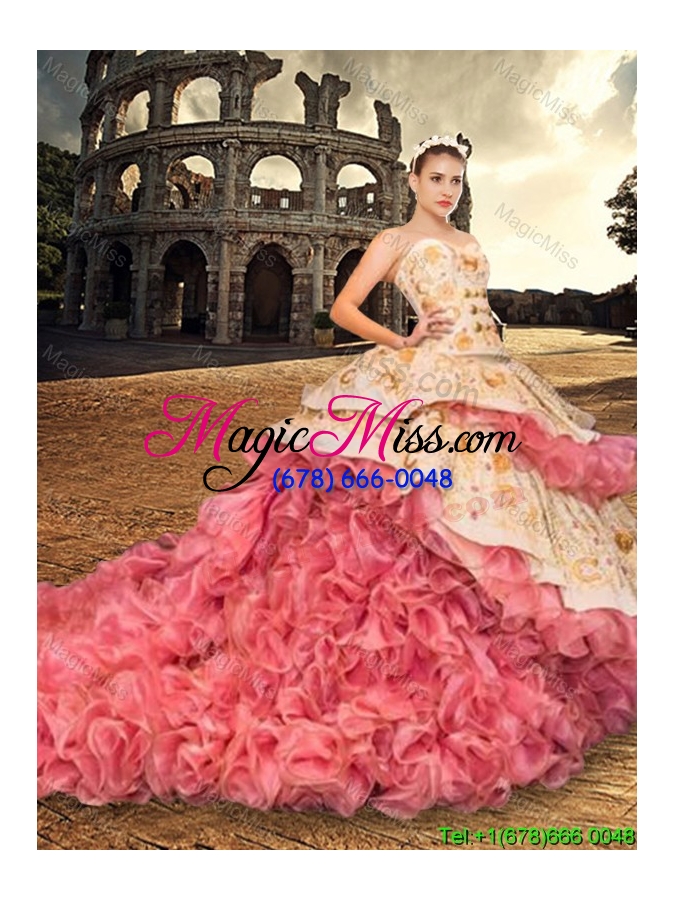 wholesale country lifestyle best selling brush train rose pink quinceanera dress with embroidery and ruffles