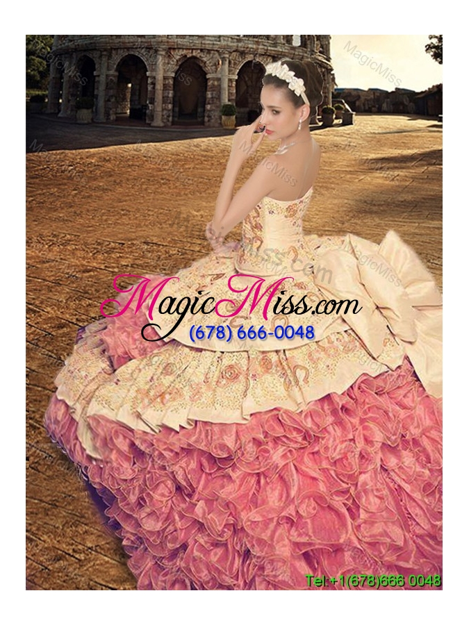 wholesale country lifestyle best selling brush train rose pink quinceanera dress with embroidery and ruffles