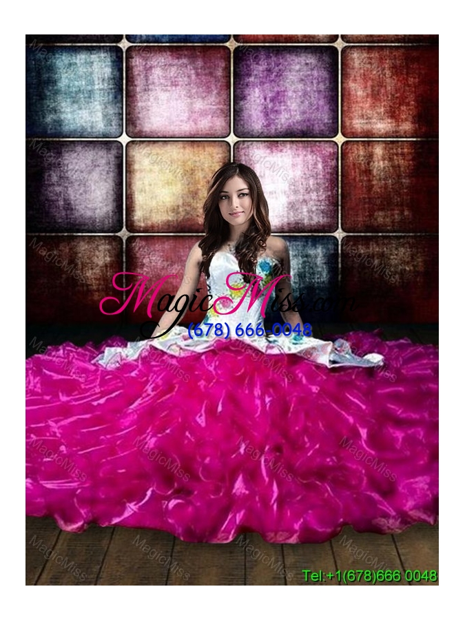 wholesale country lifestyle new style hot pink and white quinceanera dress with embroidery and ruffled layers