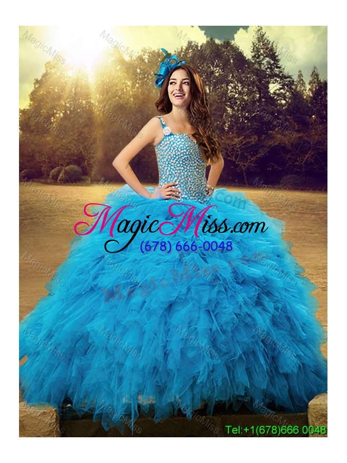 wholesale wild-west cheap straps baby blue tulle quinceanera dress with beaded bodice and ruffles