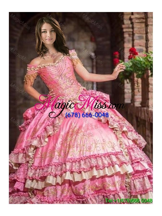 wholesale exclusive beaded and ruffled layers off the shoulder taffeta rose pink quinceanera dress