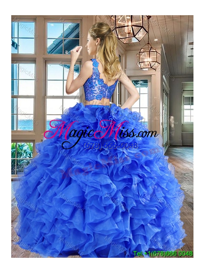 wholesale simple two piece ruffled and laced hot pink quinceanera dress in organza