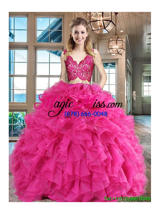 wholesale simple two piece ruffled and laced hot pink quinceanera dress in organza