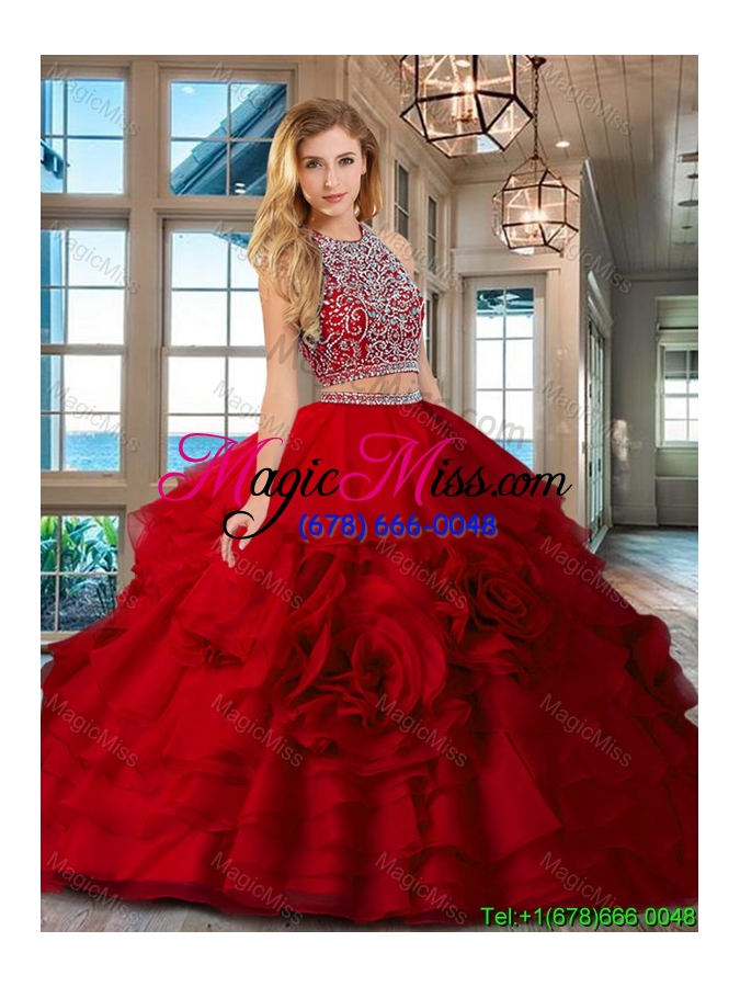 wholesale best selling two piece open back red quinceanera dress with brush train