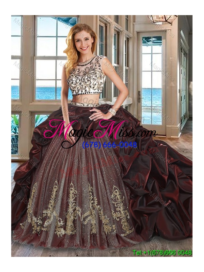 wholesale perfect embroideried and bubble burgundy quinceanera dress with brush train