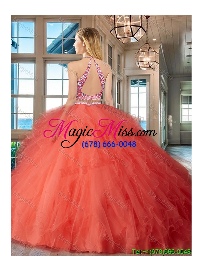 wholesale hot sale two piece puffy skirt quinceanera gown with ruffles and beading