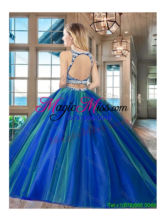 wholesale romantic two piece beaded bodice open back fuchsia quinceanera dress in tulle