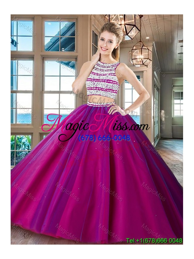 wholesale romantic two piece beaded bodice open back fuchsia quinceanera dress in tulle