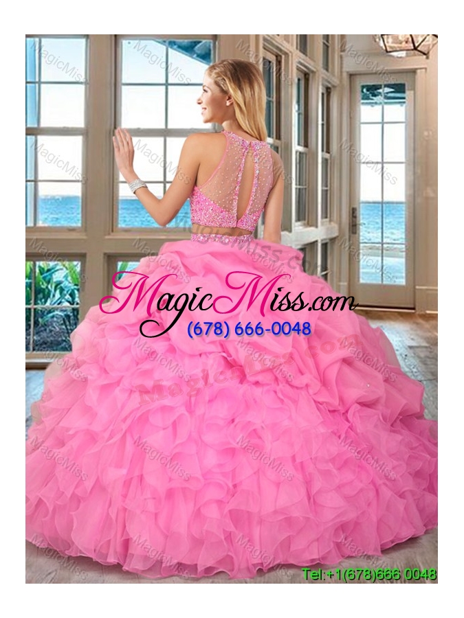 wholesale pretty high neck two piece open back mint quinceanera dresses with beading and bubbles