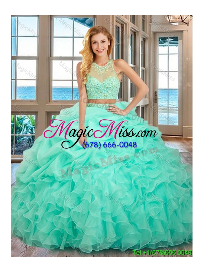 wholesale pretty high neck two piece open back mint quinceanera dresses with beading and bubbles