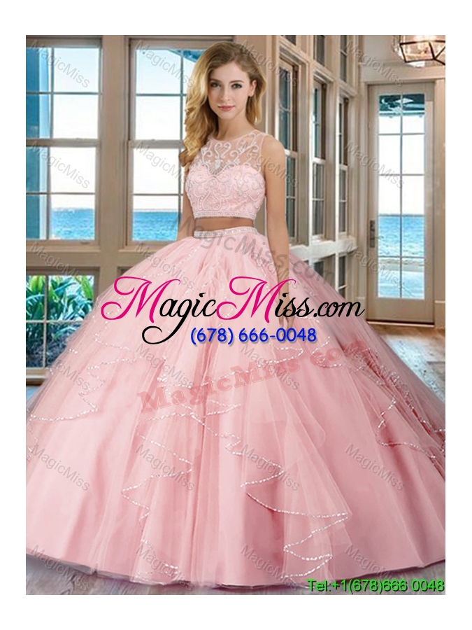 wholesale see through puffy scoop tulle two piece quinceanera dresses with beading and ruffles