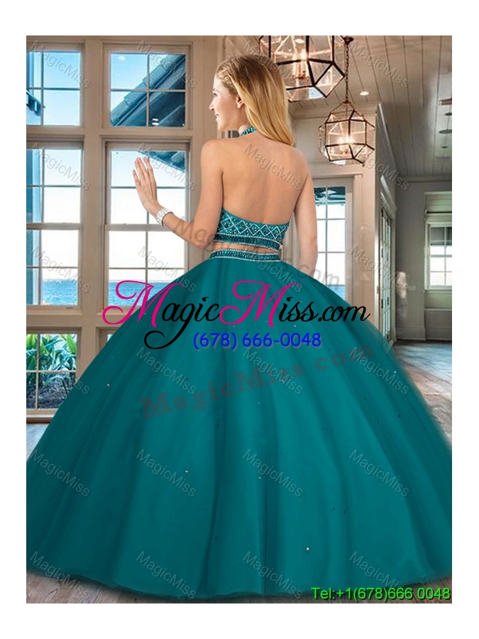 wholesale perfect beaded decorated halter top and bodice teal sweet 16 dress in tulle