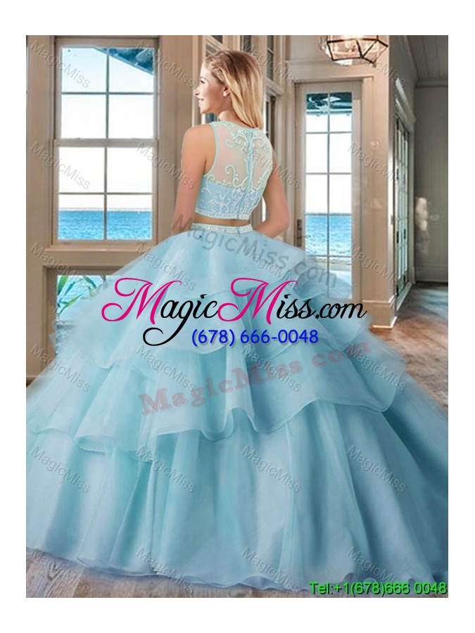 wholesale see through scoop brush train tulle aqua blue two piece quinceanera dresses with beading and appliques