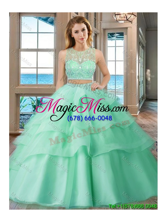 wholesale see through scoop brush train tulle aqua blue two piece quinceanera dresses with beading and appliques