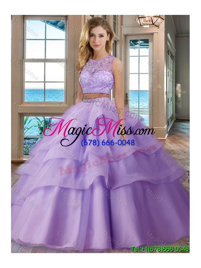 wholesale see through scoop brush train tulle aqua blue two piece quinceanera dresses with beading and appliques