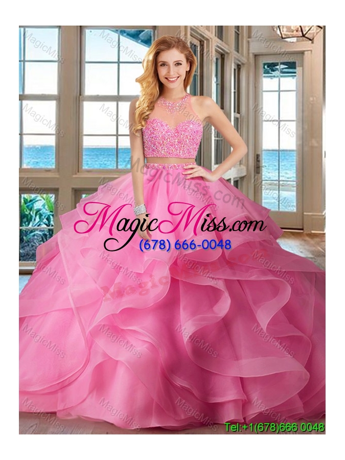 wholesale pretty two piece puffy high neck brush train baby pink quinceanera dresses with beading and ruffles