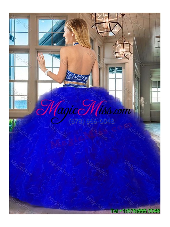 wholesale modern two piece beaded bodice and ruffled sweet 16 dress in royal blue