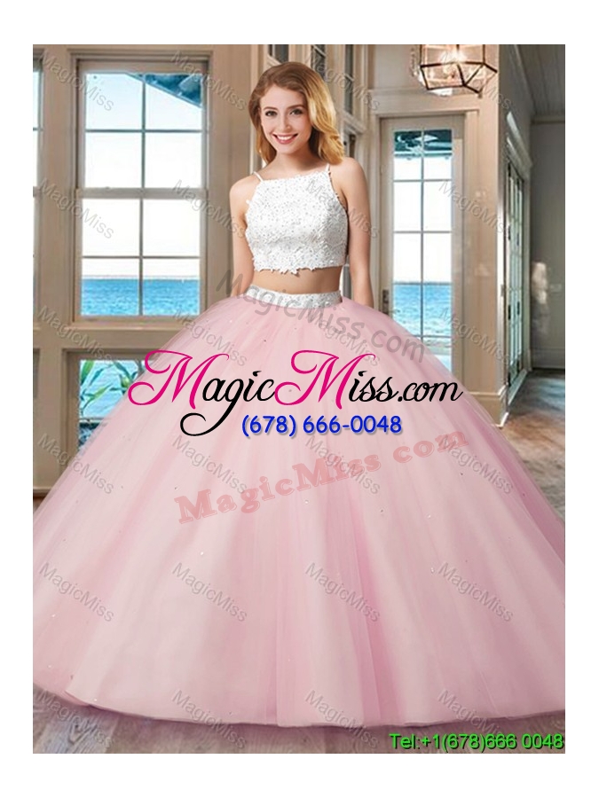 wholesale pretty ball gown straps tulle two piece backless quinceanera dresses white and pink