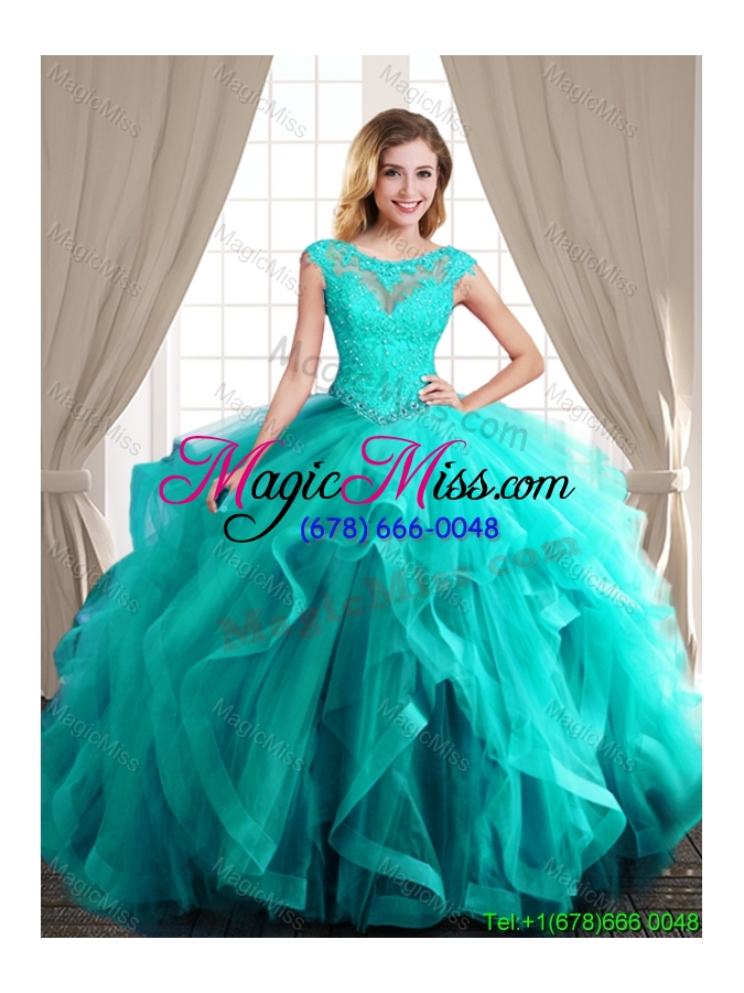 wholesale modest cap sleeves brush train tulle detachable quinceanera dresses in turquoise