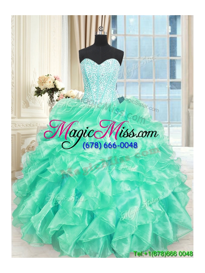 wholesale cheap visible boning beaded bodice and ruffled quinceanera dress in turquoise