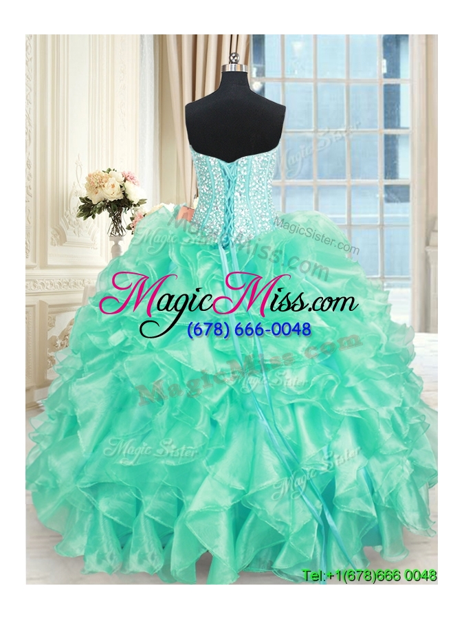 wholesale cheap visible boning beaded bodice and ruffled quinceanera dress in turquoise