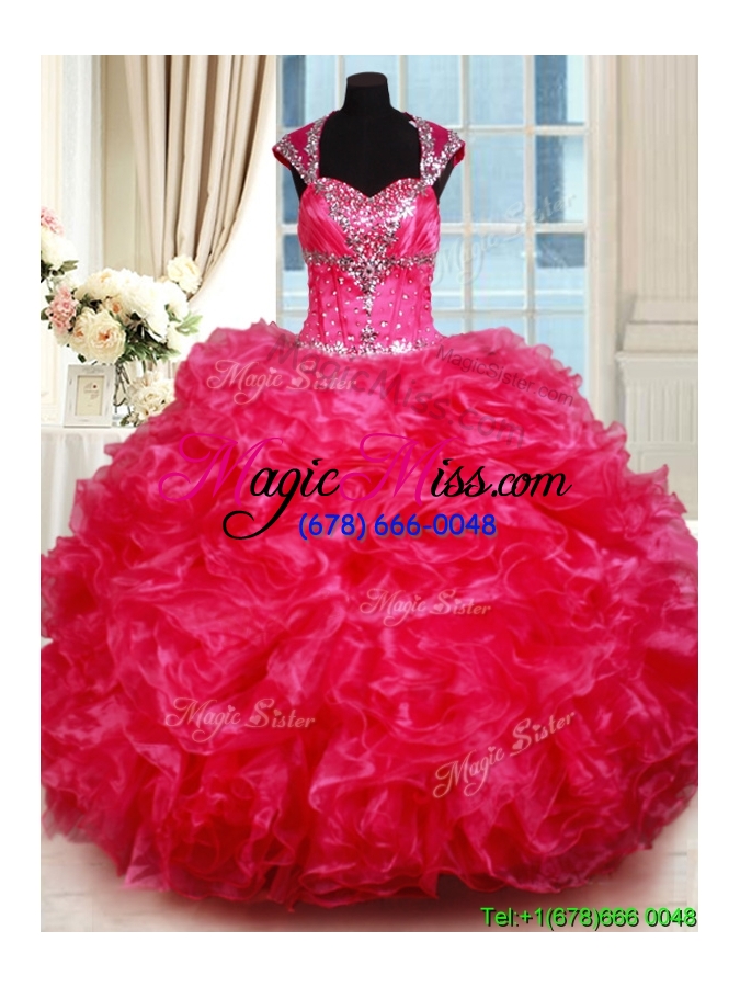 wholesale luxurious open back ruffled and beaded hot pink quinceanera dress with cap sleeves