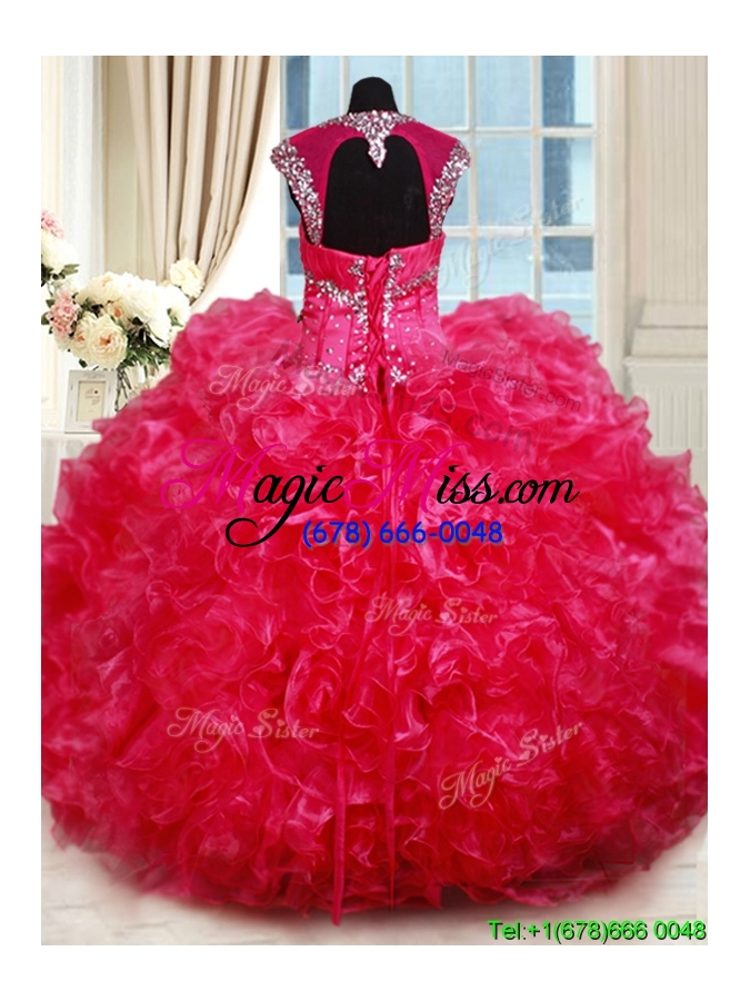 wholesale luxurious open back ruffled and beaded hot pink quinceanera dress with cap sleeves