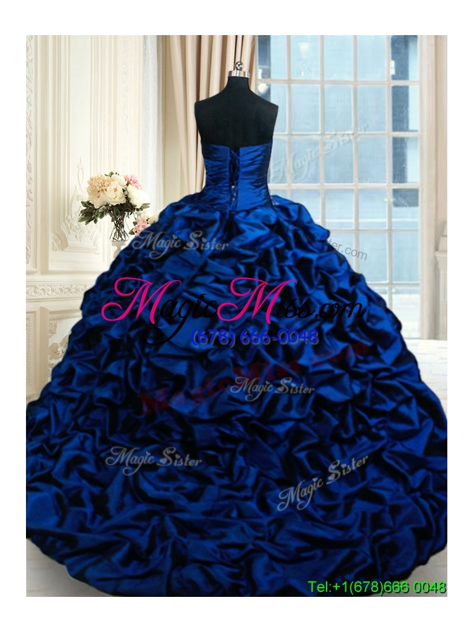 wholesale hot sale court train royal blue quinceanera dress with lace appliques and bubbles