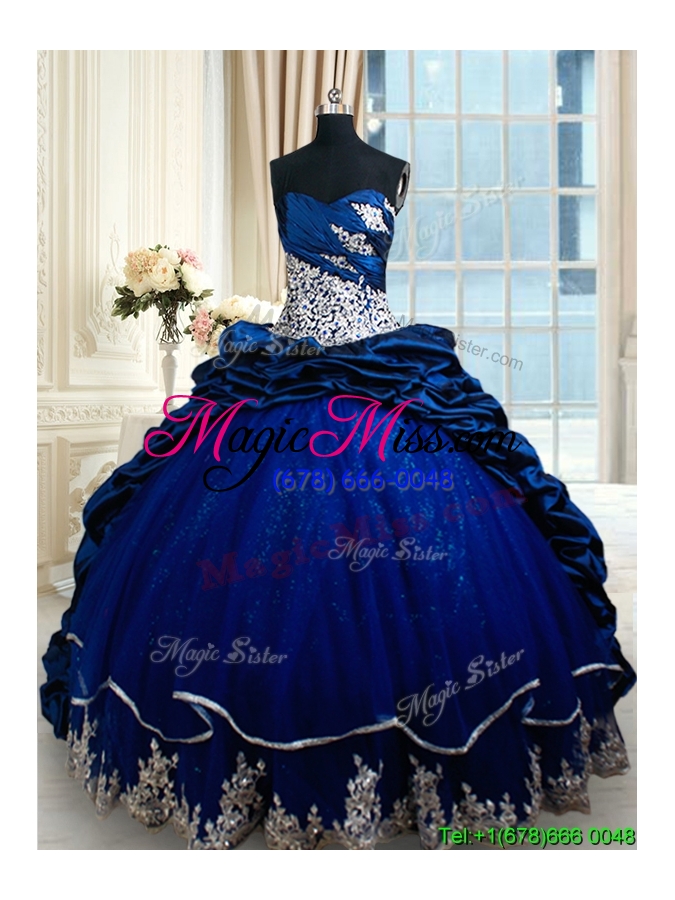 wholesale hot sale court train royal blue quinceanera dress with lace appliques and bubbles