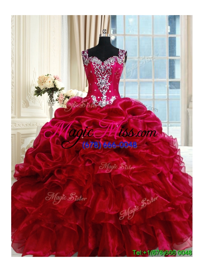 wholesale discount see through back straps fuchsia zipper up quinceanera dress with beading