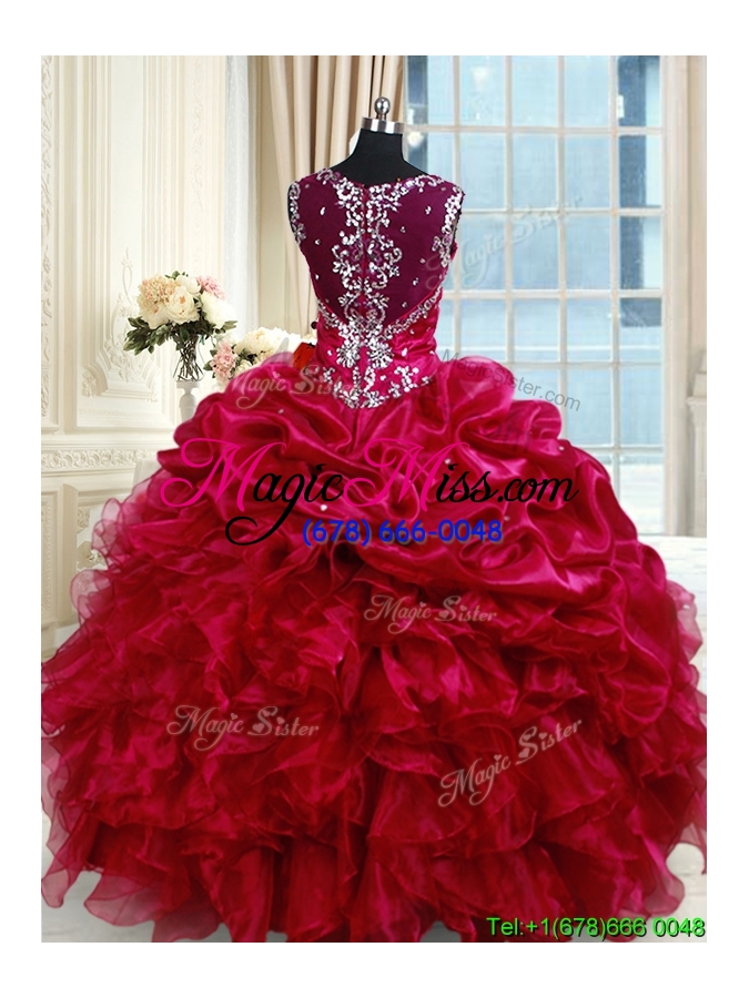 wholesale discount see through back straps fuchsia zipper up quinceanera dress with beading