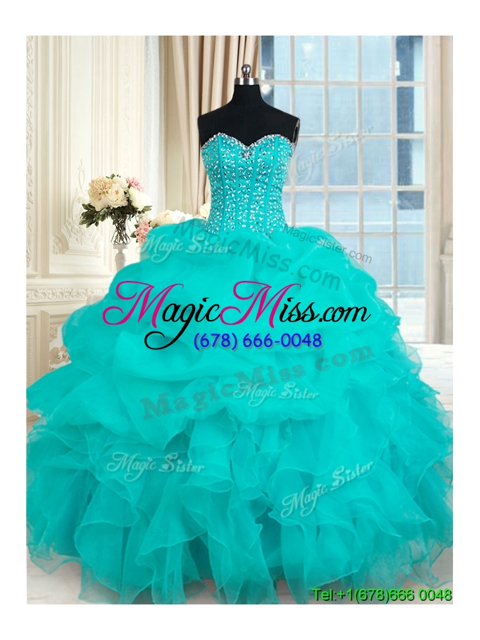 wholesale elegant visible boning beaded bodice and ruffled turquoise organza quinceanera gown