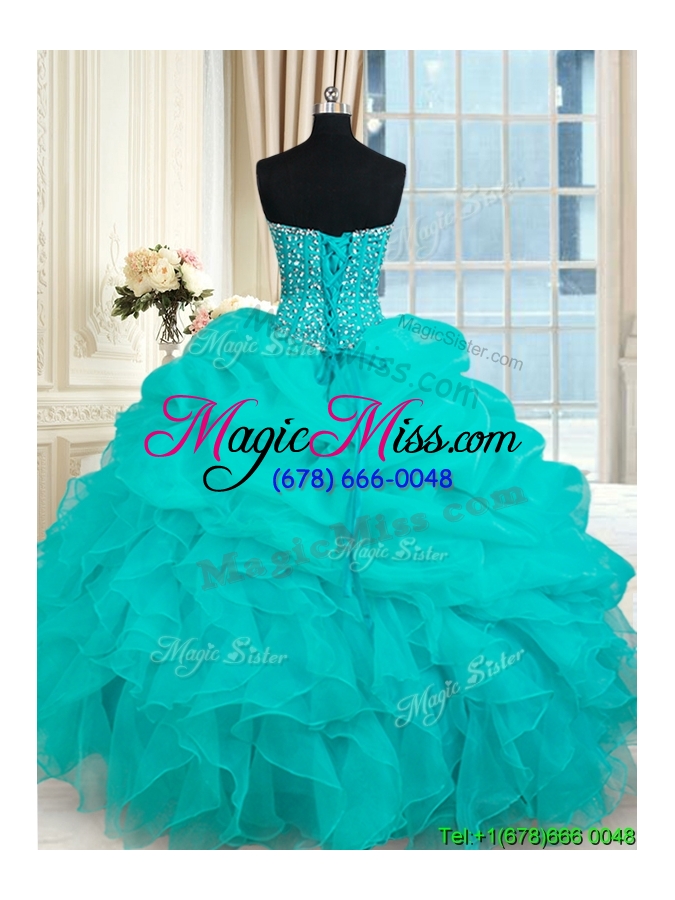 wholesale elegant visible boning beaded bodice and ruffled turquoise organza quinceanera gown