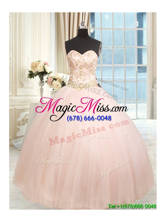 wholesale hot sale big puffy tulle beaded quinceanera dress in baby pink