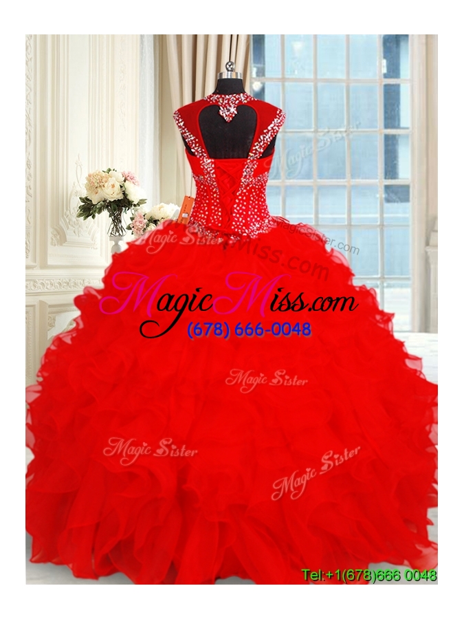 wholesale perfect open back ruffled and beaded red quinceanera dress with cap sleeves