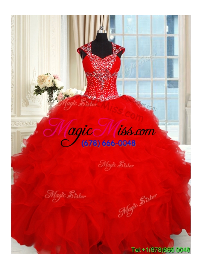 wholesale perfect open back ruffled and beaded red quinceanera dress with cap sleeves