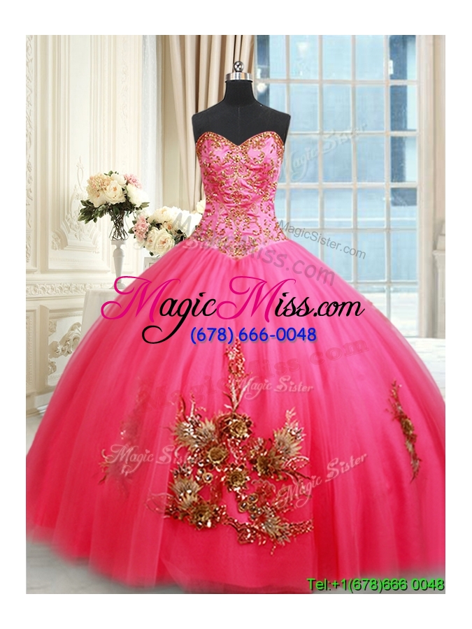 wholesale affordable really puffy hot pink quinceanera dress with appliques and beading