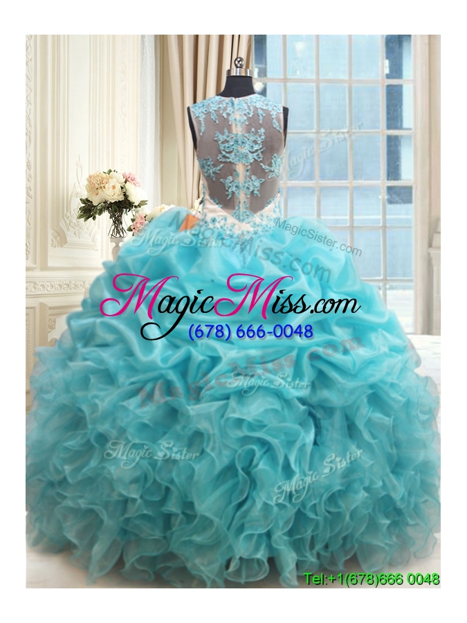 wholesale elegant see through scoop zipper up applique ruffled quinceanera dress in aquamarine