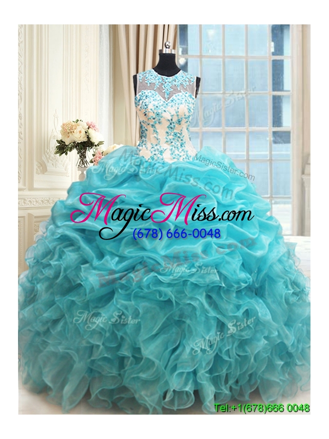 wholesale elegant see through scoop zipper up applique ruffled quinceanera dress in aquamarine